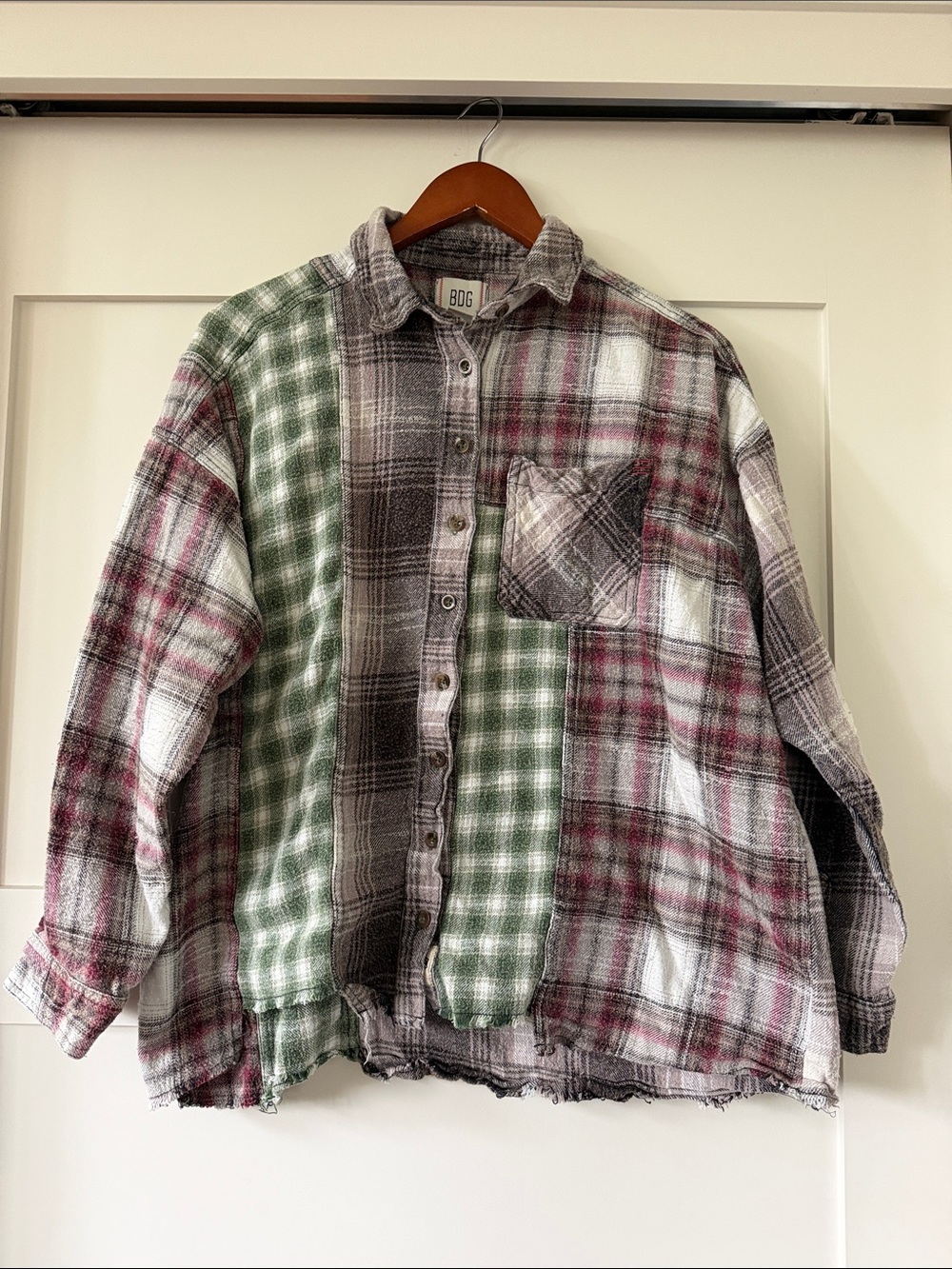 BDG Patchwork Plaid Flannel Button-Down Shirt Jacket - Green, Burgundy & Gray